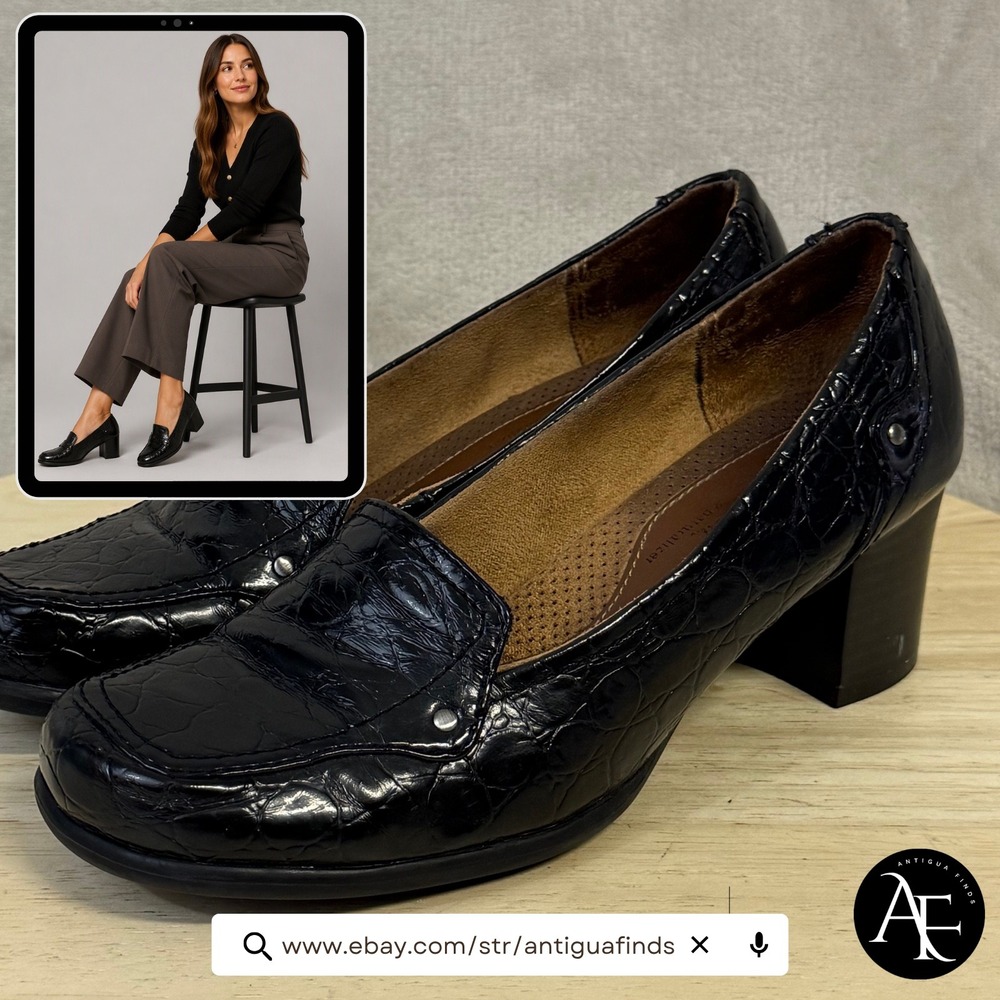 Naturalizer N5 Soul Faustina Black Croc Embossed Block Heel Pumps‎ Shoes 8M